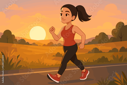 Woman walking on a road at sunset. Concept of fitness, exercise, and healthy lifestyle. Cartoon character jogging or strolling outdoors in nature for a cardio workout.