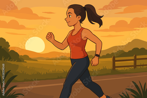 Active woman enjoying a sunset walk in the countryside. Healthy lifestyle concept vector illustration. Female character jogging for fitness, cardio exercise outdoors on a scenic road.