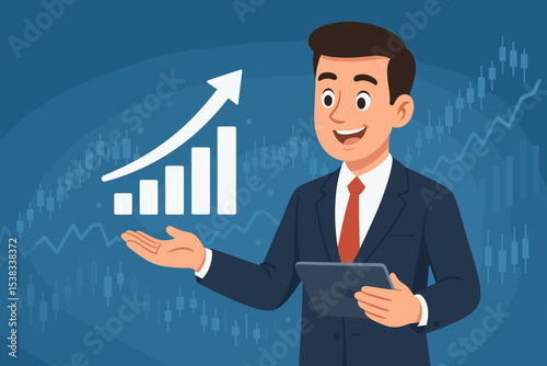 Happy businessman showing a growing bar chart. Financial success, stock market trading, investment profit concept. Economic progress and corporate data visualization with up arrow.