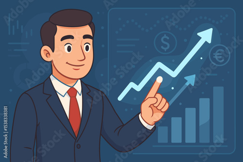 Businessman presenting financial analysis on a virtual screen. Concept of stock market growth, investment strategy, and economic success. Data visualization with a rising arrow chart.