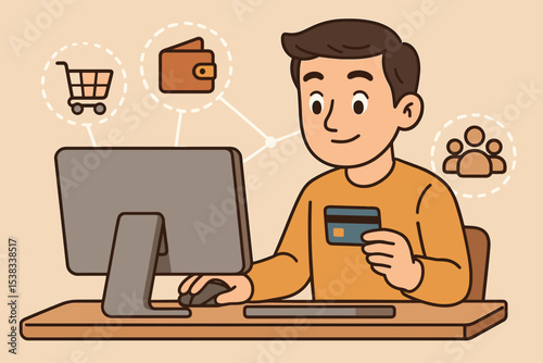 Online shopping concept with man at computer holding a credit card. E-commerce vector illustration for internet store, digital payment, secure transaction, and online purchase.