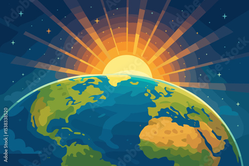 Sunrise over planet Earth from space vector illustration. Global world with sun rays and stars. Concept of new beginning, hope, future, environment, ecology, and Earth Day.
