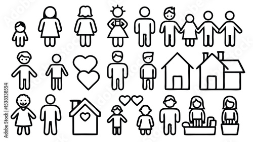 Simple black and white icon set depicting families couples individuals homes and hearts for design concepts