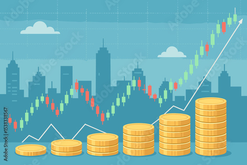 Stock market trading graph with candlestick chart and growing coin stacks. Financial investment, economic growth, and profit concept. Bull market success, wealth analysis and savings.