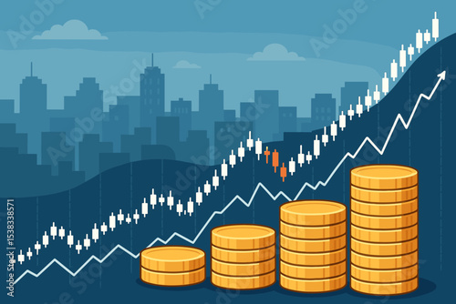 Financial growth concept with stock market trading chart and uptrend graph. Vector illustration of investment, profit, and economic success with stacks of gold coins and city skyline.