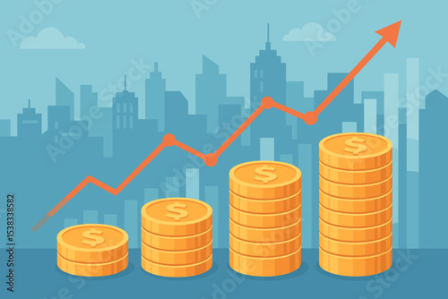 Financial growth concept with stacks of coins and a rising arrow graph. Business investment success and profit increase diagram. Economic progress vector illustration with city background.