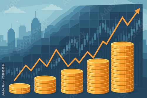 Financial growth vector concept with coin stacks and an upward arrow graph. Stock market investment and trading background with candlestick chart and city. Business profit success.