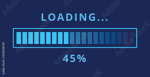 Vector illustration of light blue loading bar isolated on dark blue background for websites and graphic resources. Loading bar at 45% loaded.