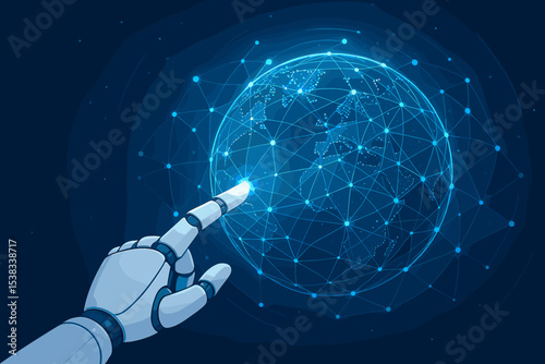 Robot hand touching glowing Earth with network connection. Artificial intelligence concept for global business and future technology. AI, big data, communication, and innovation.