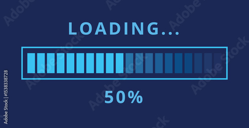 Vector illustration of light blue loading bar isolated on dark blue background for websites and graphic resources. Loading bar at 50% loaded.