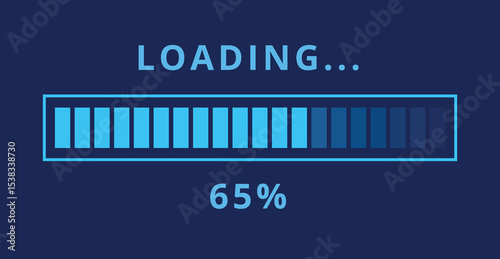 Vector illustration of light blue loading bar isolated on dark blue background for websites and graphic resources. Loading bar at 65% loaded.