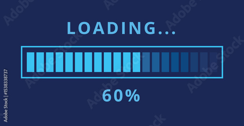 Vector illustration of light blue loading bar isolated on dark blue background for websites and graphic resources. Loading bar at 60% loaded.