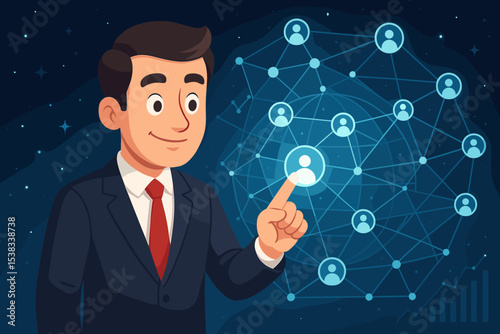 Businessman managing global network on a virtual interface. Manager touching a user icon. Concept of HR, social media, teamwork, communication, connection, and customer relations.