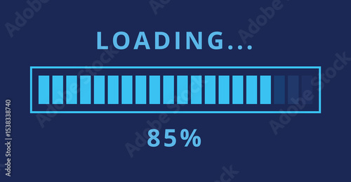 Vector illustration of light blue loading bar isolated on dark blue background for websites and graphic resources. Loading bar at 85% loaded.