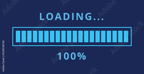 Vector illustration of light blue loading bar isolated on dark blue background for websites and graphic resources. Loading bar at 100% loaded.