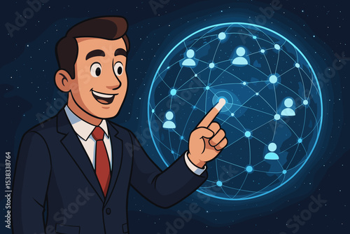 Global business network concept. Man in suit pointing at a digital earth hologram with user icons. Metaphor for communication, social media, HR, technology and world connection.