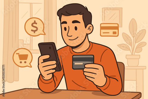 Man using smartphone for online shopping and payment with credit card. E-commerce, mobile banking concept. Secure digital financial transaction, fintech technology vector illustration.
