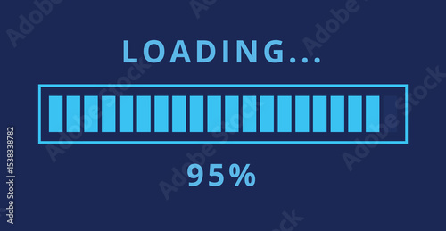 Vector illustration of light blue loading bar isolated on dark blue background for websites and graphic resources. Loading bar at 95% loaded.