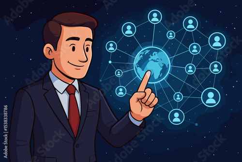 Businessman touching a glowing global network interface. International business connection, worldwide team collaboration, and futuristic communication technology vector concept.