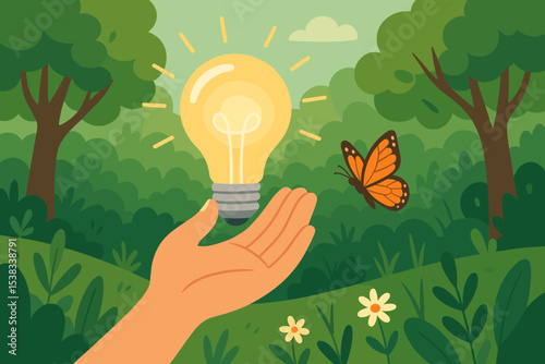 Green energy and sustainability concept. Hand holding glowing lightbulb symbolizing eco-friendly idea and innovation. Environmental protection and care in a forest with a butterfly.