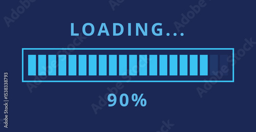 Vector illustration of light blue loading bar isolated on dark blue background for websites and graphic resources. Loading bar at 90% loaded.
