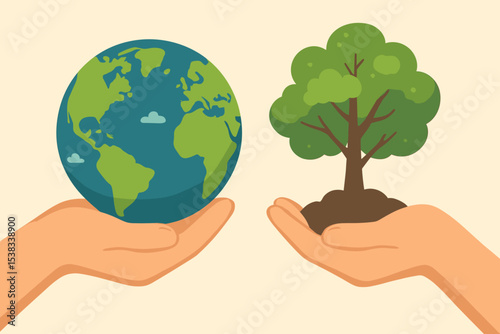 Hands holding planet Earth and a tree with soil. Concept for Earth Day, environment, conservation, sustainability, ecology, growth, nature protection, and global responsibility.