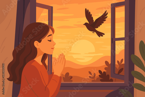 Woman praying at an open window during sunset. A bird symbolizes freedom, hope, and release. Concept of faith, gratitude, and spirituality. Serene moment of peace and meditation.