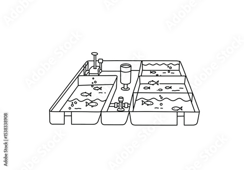 Fish farm drawing. It is a black and white outline image of a fish farm, depicting multiple tanks used for aquaculture and fish cultivation. Vector sketch line art draw.