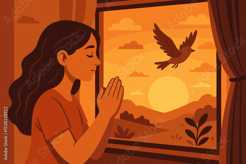 Woman praying at sunrise, finding peace and freedom. Concept of faith, hope, and spirituality. Bird flying free outside window. Meditation, gratitude, and new beginnings.