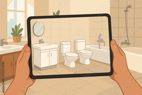 Augmented reality app for bathroom planning. Hands holding tablet for home improvement and interior design. Virtual renovation concept, visualizing new toilet, sink and bathtub.