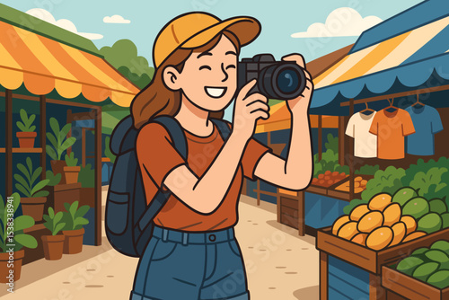 Young woman traveler and photographer with camera enjoying her vacation at a local street market. Backpacker girl exploring shops in Bangkok, Thailand. Tourism and travel concept.