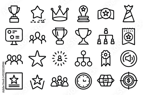 Collection of minimalist black and white line icons representing awards achievement and teamwork for various projects