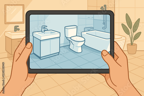 Bathroom remodeling with augmented reality. Person holding tablet with interior design app for home improvement. Concept of renovation, planning, and virtual visualization technology.