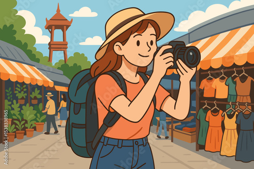 Happy tourist woman with a camera exploring an outdoor street market in Thailand. Vector illustration of a female traveler or backpacker taking photos on vacation in Bangkok at Chatuchak.