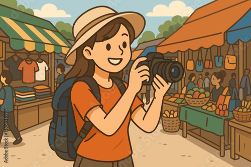 Happy tourist woman with camera taking picture at a local market in Bangkok. Backpacker girl on vacation in Thailand exploring Asian culture and shopping. Vector travel illustration.
