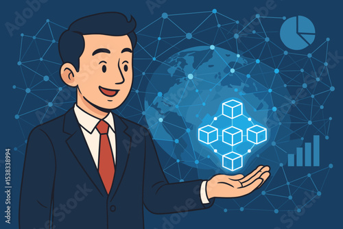 Businessman presenting blockchain technology concept. Global network, cryptocurrency, and fintech innovation. Decentralized system for business data analysis. Vector illustration.