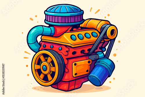 Cartoon car engine vector illustration. Colorful hot rod motor graphic isolated. Concept for automotive power, vehicle repair service, mechanical parts, or custom tuning garage logo.