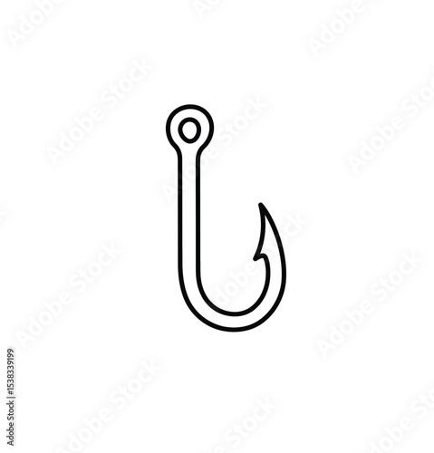 Fish hook drawing. It is a black and white outline image of a simple fish hook, a common piece of fishing tackle used for catching fish. Vector sketch line art draw.