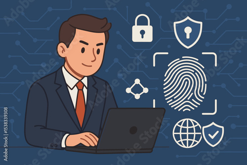 Cybersecurity concept with a professional man on a laptop. Digital data protection, online privacy, and network security vector illustration. Biometric fingerprint authentication.