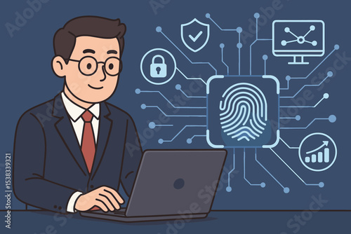 Digital security and data protection concept. Businessman at laptop with biometric authentication interface. Fingerprint scanner for secure access. Cybersecurity, privacy, technology.