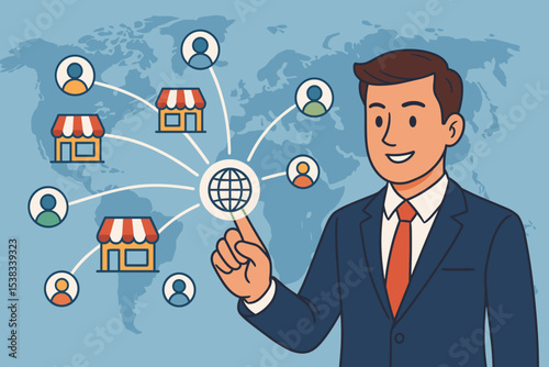 Global network marketing concept. Businessman managing franchise business expansion. International strategy, distribution chain, and customer connections on a world map. Vector.