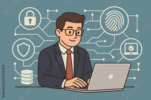 Cybersecurity and data protection vector illustration. Businessman working on laptop with digital security icons. Network safety, fingerprint authentication, padlock, shield for privacy.