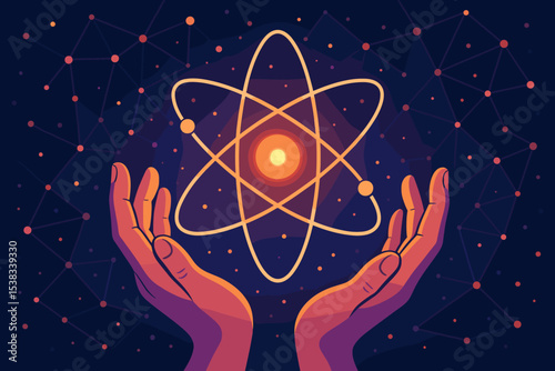 Atomic energy research concept with hands holding a glowing atom model. Nuclear power, quantum physics, and scientific innovation vector illustration. Futuristic technology network.