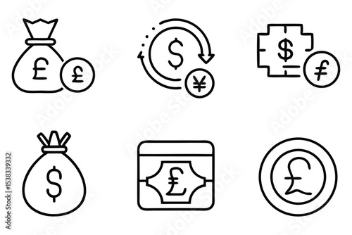 Set of minimalist line art icons depicting financial concepts money exchange and currencies like pounds and dollars