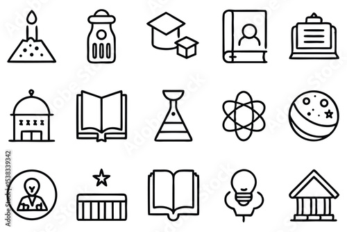 Collection of vector icons depicting educational themes like science books and learning related concepts with thin black outlines