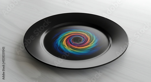 Fototapeta Naklejka Na Ścianę i Meble -  A sleek, modern black dinner plate resting on a light wood table, featuring a vibrant, rainbow-colored spiral at its center