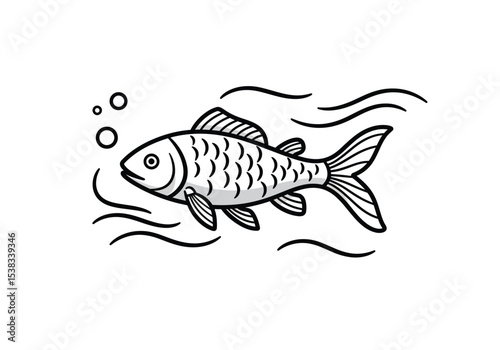Fish in water drawing. It is a black and white outline image of a fish swimming in water with bubbles and wavy lines indicating movement. Vector sketch line art draw.