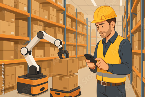 Warehouse manager controlling robotic arm with smartphone. Automation in logistics and supply chain. Inventory management with AGV. Industry 4.0 concept. Smart warehouse illustration.