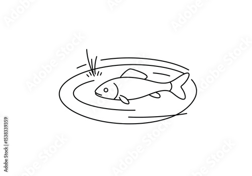 Fish in pond drawing. It is a black and white outline image of a fish in water, creating ripples, suggesting it's in a pond or lake. Vector sketch line art draw.