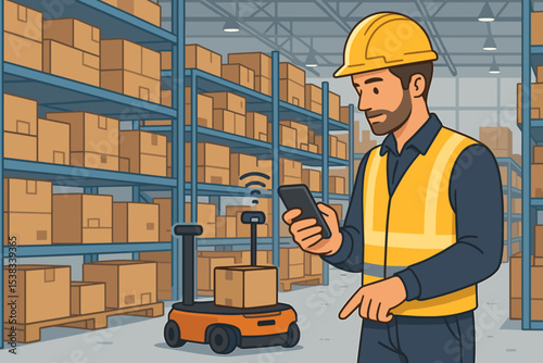 Warehouse manager controls autonomous mobile robot with smartphone. Smart logistics, supply chain automation, inventory management concept. Order picking in a modern fulfillment center.